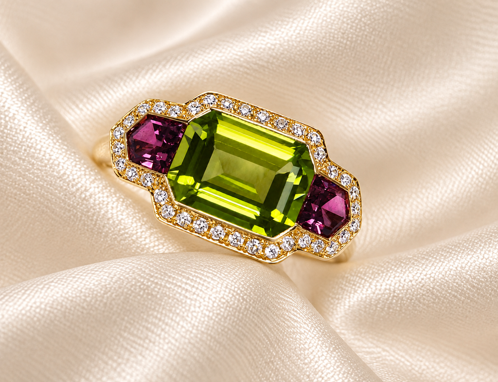 Yellow Gold Peridot, Pink Tourmaline & Diamond Ring