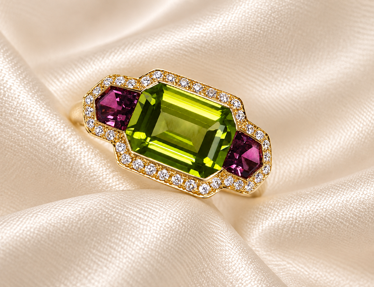 Yellow Gold Peridot, Pink Tourmaline & Diamond Ring