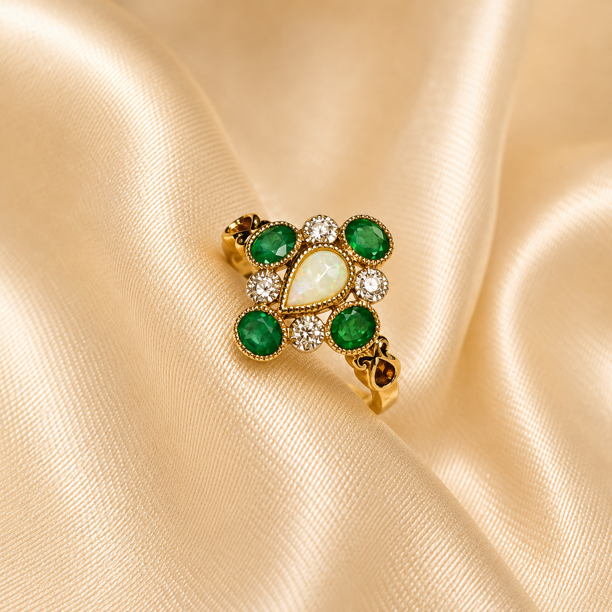 9ct Gold Opal, Emerald & Diamond Ring