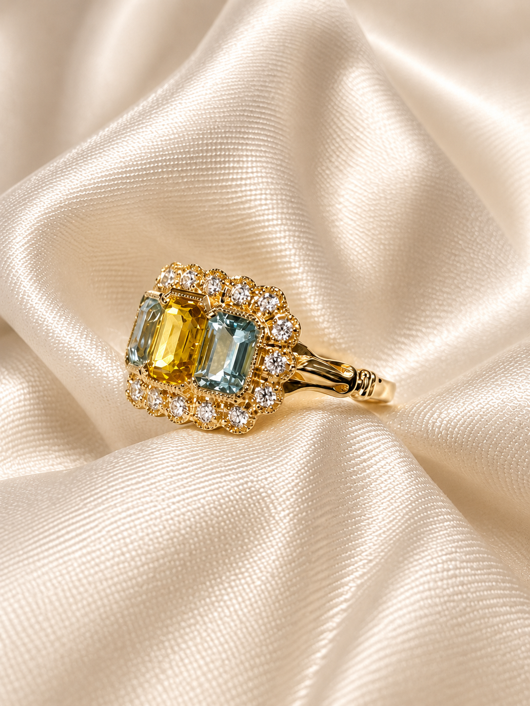 18ct Gold Yellow Sapphire, Aquamarine & Diamond Ring