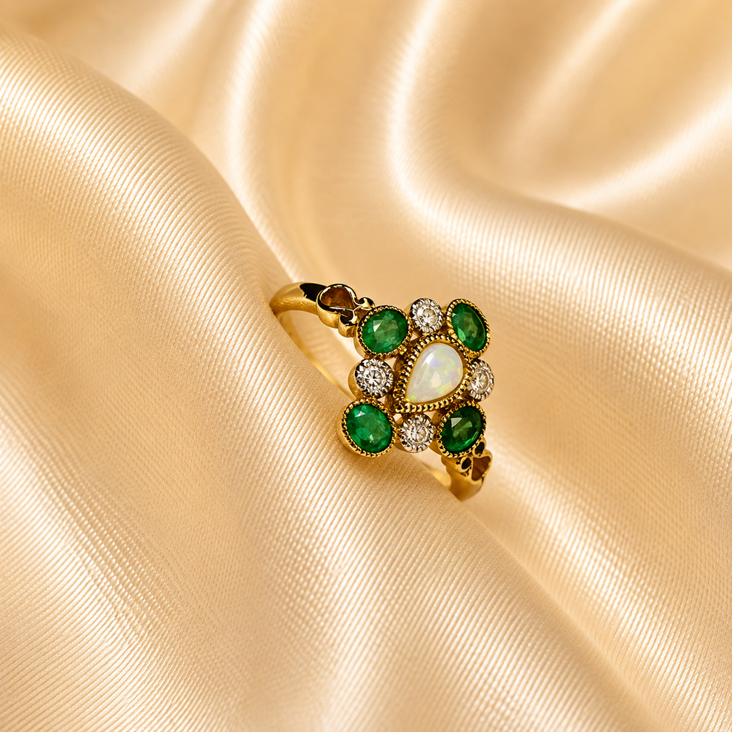 9ct Gold Opal, Emerald & Diamond Ring