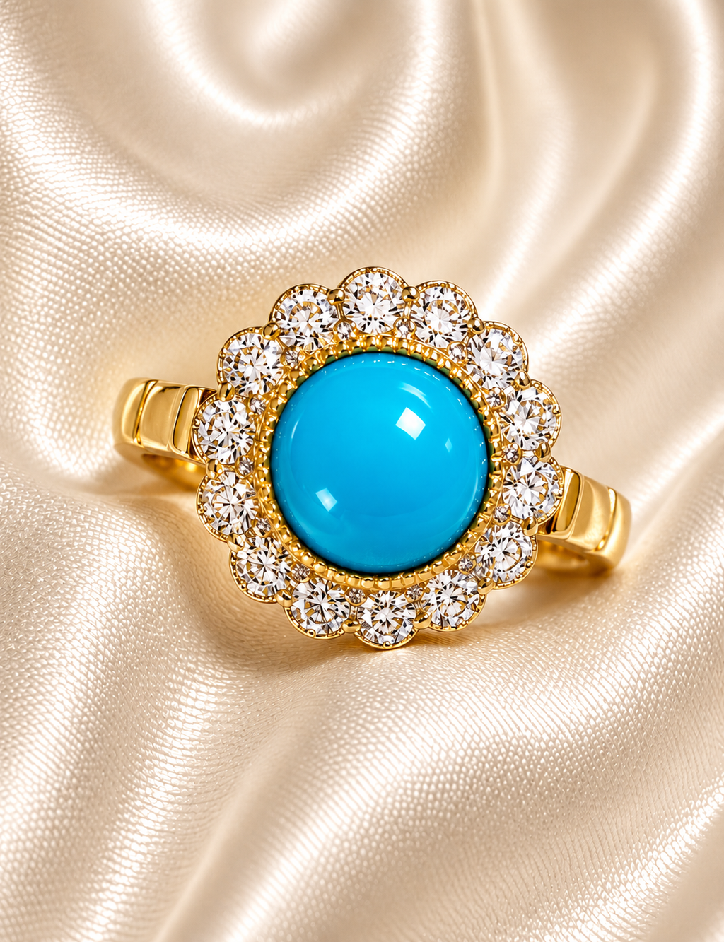 Yellow Gold Turquoise & Diamond Cluster Ring