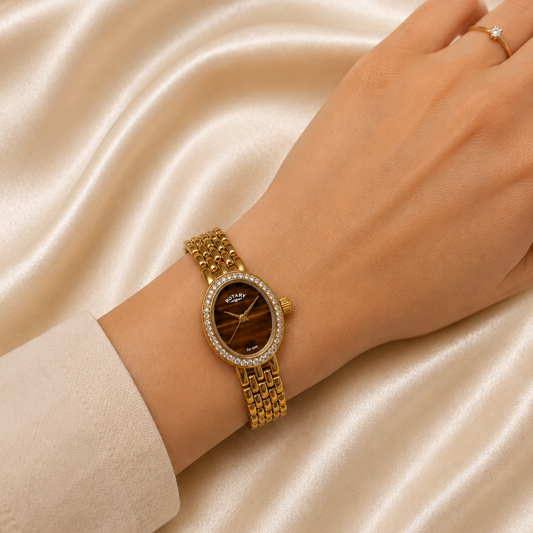 Ladies Rotary Tiger’s Eye Dial Gold-Tone Watch