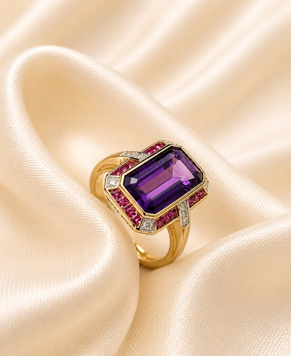 Yellow Gold Cathedral Amethyst, Tourmaline & Diamond Ring