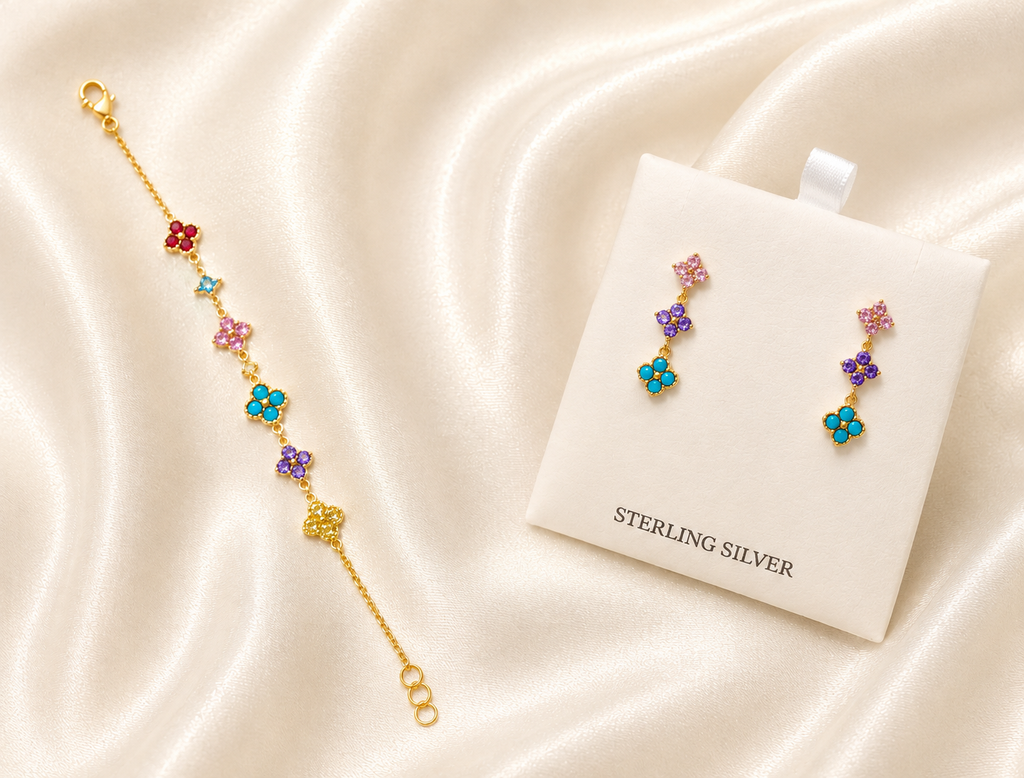 Gold Multi-Coloured Floral Bracelet & Earring Set