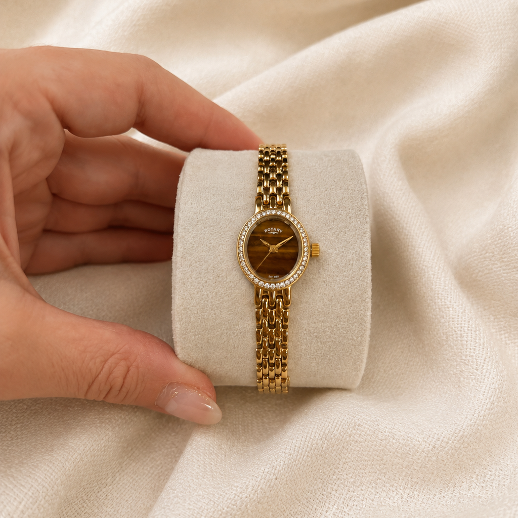Ladies Rotary Tiger’s Eye Dial Gold-Tone Watch