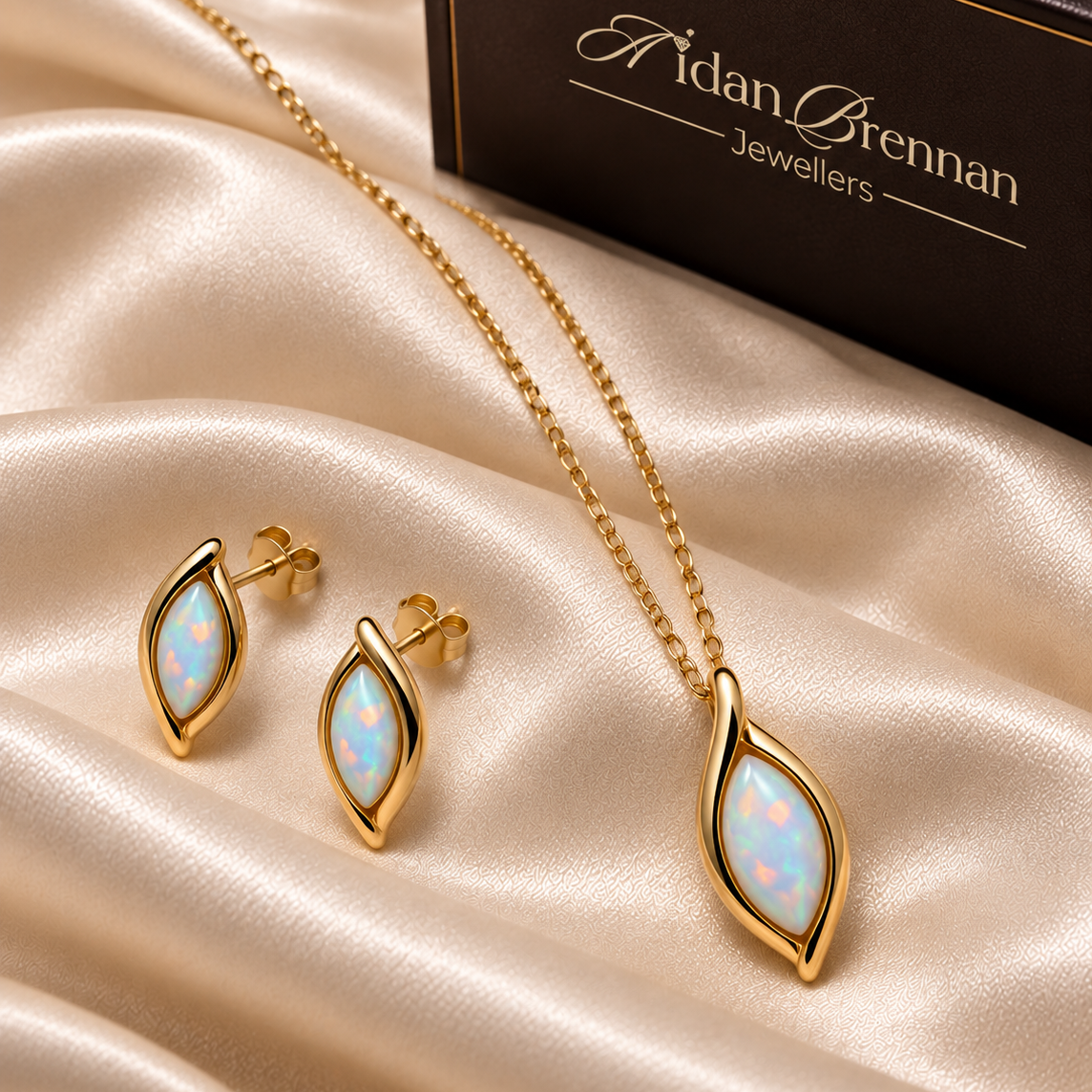 9ct Yellow Gold Created Opal Marquis Set