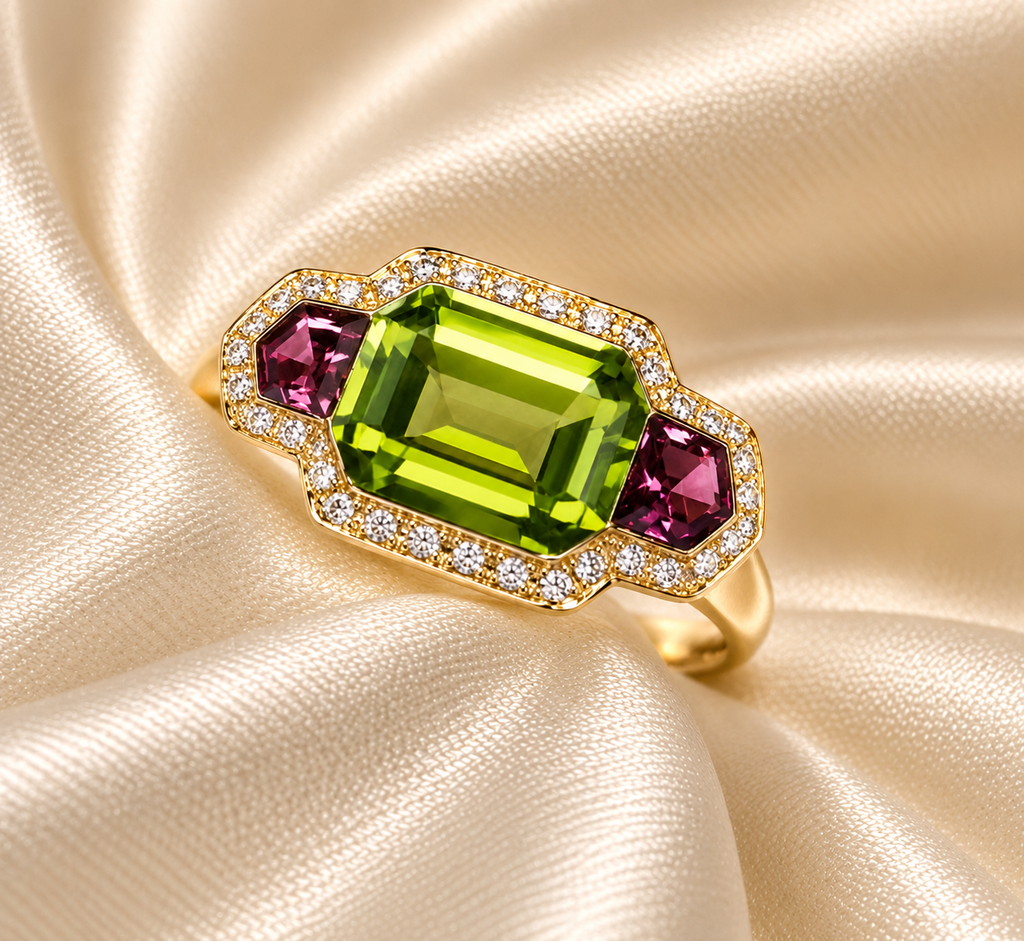 Yellow Gold Peridot, Pink Tourmaline & Diamond Ring