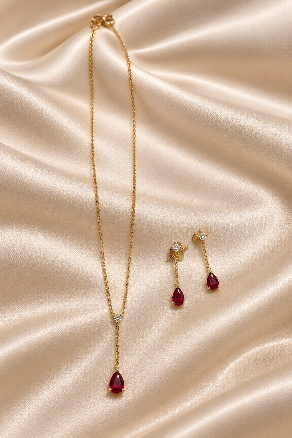 9ct Gold Ruby & Diamond Pendant & Earrings