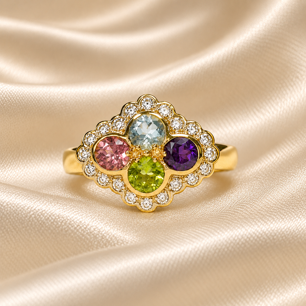 9ct Gold Pink Tourmaline, Peridot, Aquamarine, Amethyst & Diamond Ring