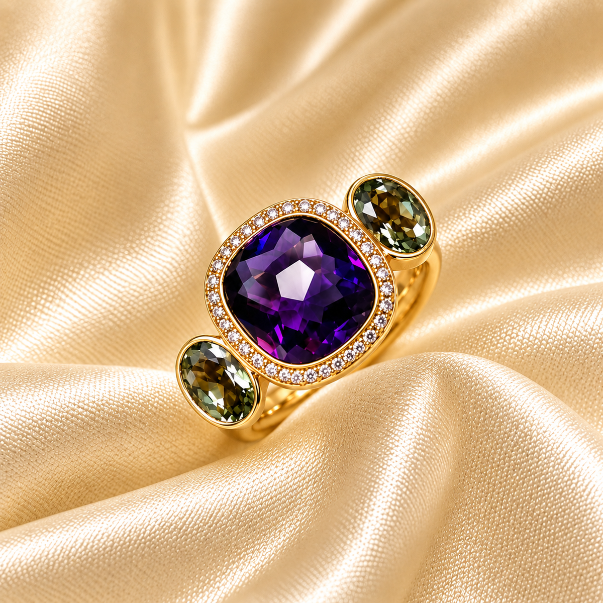 Rose Gold Green Amethyst, Purple Amethyst & Diamond Ring