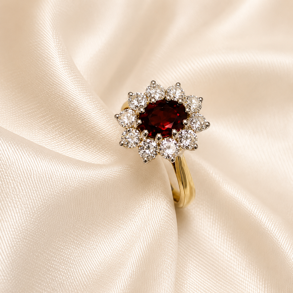 9ct Gold Oval Ruby & Diamond Cluster Ring
