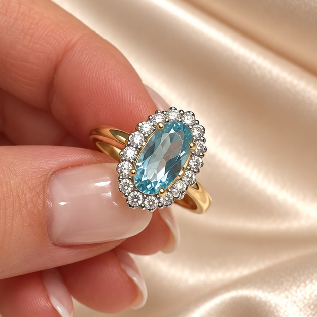 9ct Gold Diamond & Blue Topaz Ring