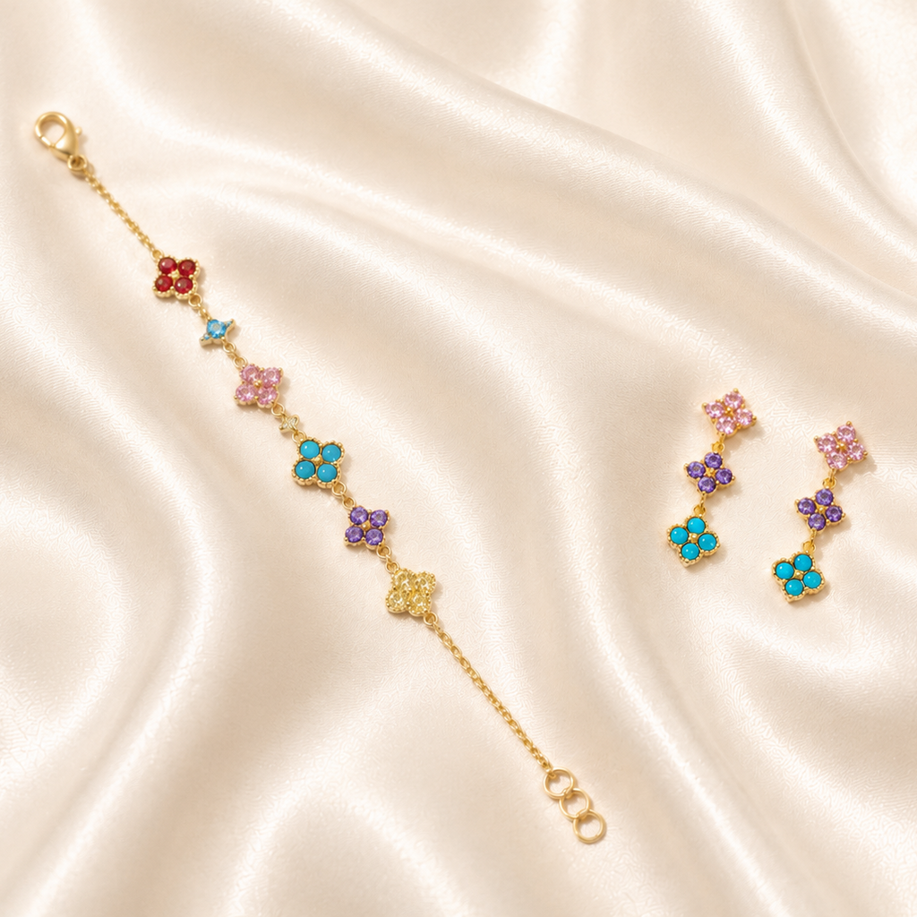 Gold Multi-Coloured Floral Bracelet & Earring Set