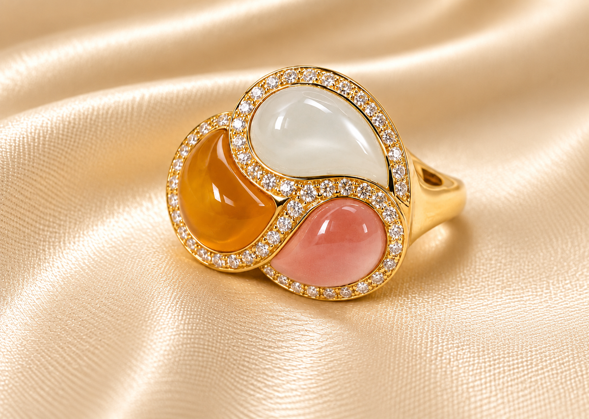 18ct Gold Moonstone, Rose & Orange Quartz Diamond Ring