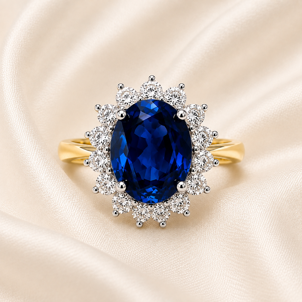 9ct Gold Sapphire & Diamond Oval Cluster Ring