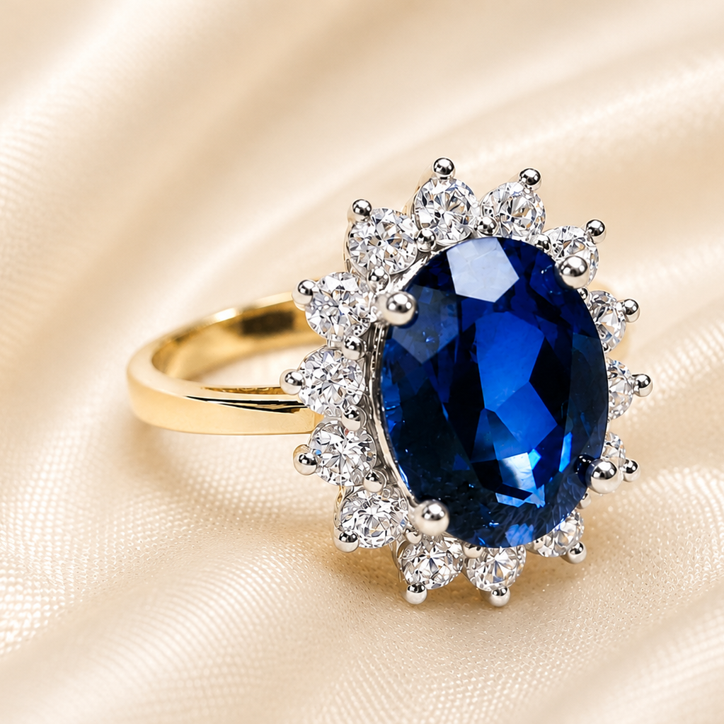 9ct Gold Sapphire & Diamond Oval Cluster Ring